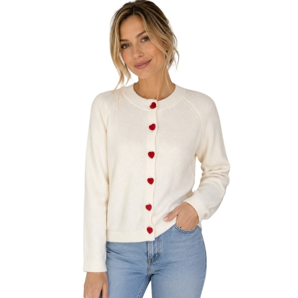Jessica Simpson White Red Heart Buttons Cardigan Sweater Coquette Preppy M NWT